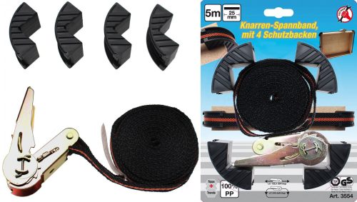BGS DIY Set chinga cu clicket pentru ancorare + 4 coltare de protectie, lungime 5 m, latime 25mm, forta de tractiune 120/240Kg (BGS 3554)