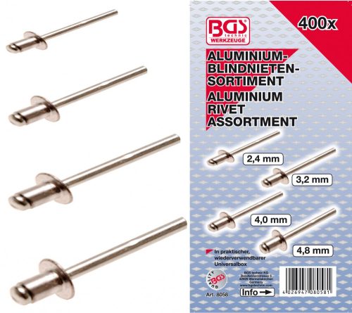 BGS technic Sortiment nituri-pop | Aluminiu | 2,4 - 4,8 mm | 400 piese (BGS 8058)